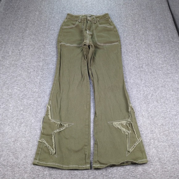 Hot Topic Denim - Hot Topic Jeans Womens 3 Green Flare Star Patch Casual Hippie